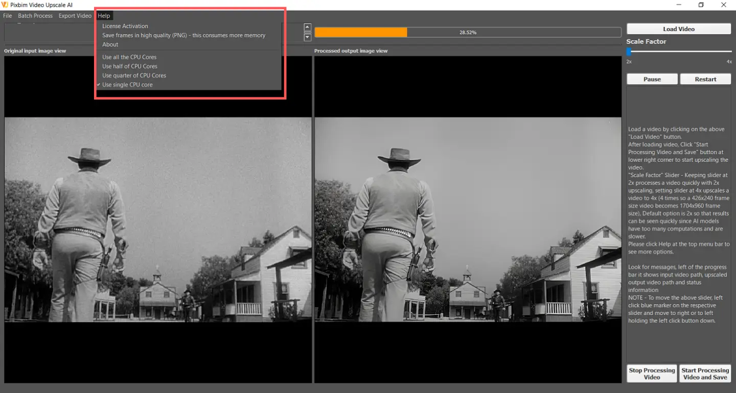 Screenshot shows an option Help in Pixbim Video Upscale ai